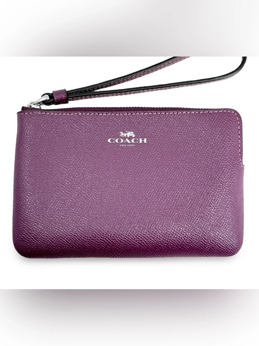 COACH Woman’s Small Corner Zip Crossgrain Leather Wristlet Plum